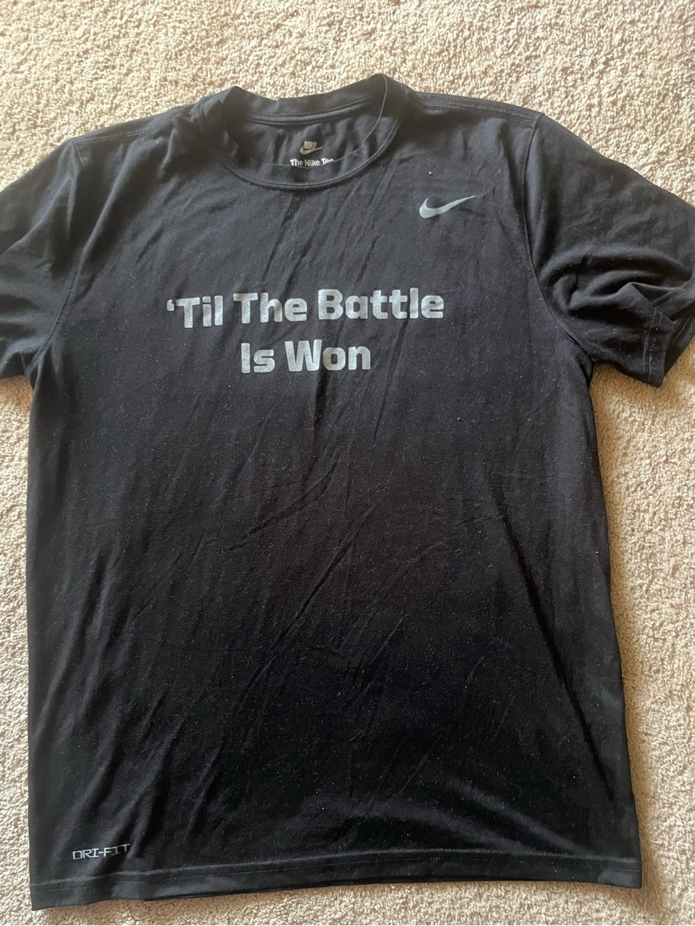 NIKE Tee ~ Battle is Won ~ Size L Large ~ Dri Fit ~ Black